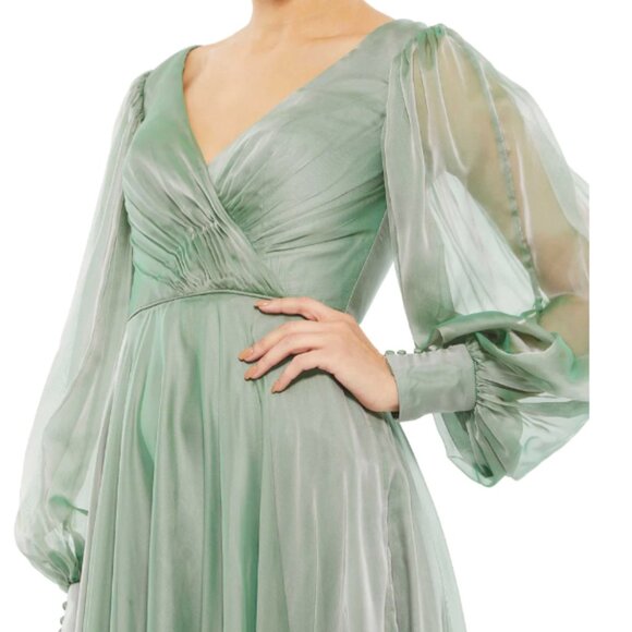 MAC DUGGAL 67873 SHEER BLOUSON SLEEVE SURPLICE SAGE CHIFFON GOWN  sz 18 - Picture 2 of 3